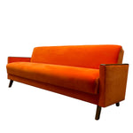 Load image into Gallery viewer, Teak Legs Czech Sofa Bed Orange Velvet Midcentury
