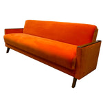 Load image into Gallery viewer, Teak Arms Czech Sofa Bed Orange Velvet Midcentury
