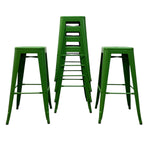 Load image into Gallery viewer, Three green metal bar stools shown on a plain white background, with one stool standing upright in the center and two stools leaning against each side.
