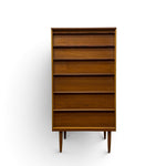 Load image into Gallery viewer, A mid-century modern wooden chest of drawers with five drawers and open shelves, shown against a plain white background.
