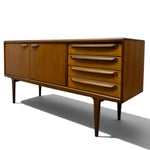 Load image into Gallery viewer, Mid-century modern wooden sideboard with two cabinet doors on the left and four drawers on the right, featuring curved wooden drawer and cabinet pulls, shown on a white background with a soft shadow.
