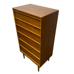 Load image into Gallery viewer, A mid-century modern wooden chest of drawers with five drawers, featuring a warm medium-brown wood grain finish and contrasting light wood drawer pulls, shown on a plain white background.
