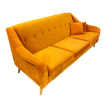Load image into Gallery viewer, A mustard yellow velvet three-seater sofa with button tufting on the backrest, two seat cushions, and two matching throw pillows, shown on a plain white background.
