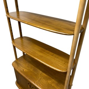 Wooden ladder shelf with four shelves on a white background