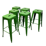Load image into Gallery viewer, Six green metal bar stools with square seats and open backs, arranged on a plain white background.
