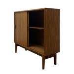 Load image into Gallery viewer, Wooden cabinet with a door and open shelves on a white background
