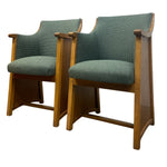 Load image into Gallery viewer, Two wooden chairs with green upholstered seats on a white background
