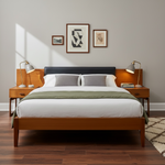 Load image into Gallery viewer, Bedroom with wooden bed frame, nightstands, and wall art
