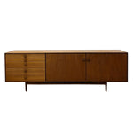 Load image into Gallery viewer, Mid-century modern wooden sideboard cabinet with three drawers on the left, two doors on the right, and tapered legs, shown against a plain white background.
