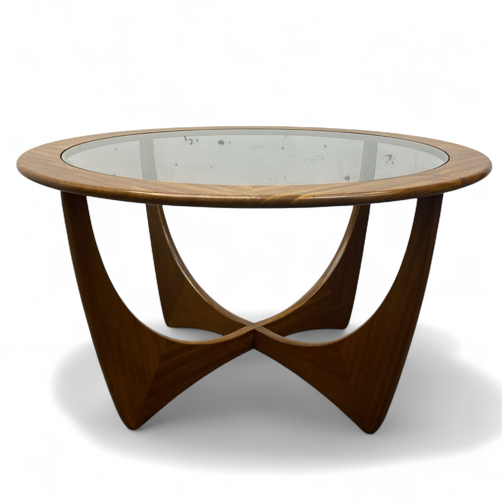 circular glass and teak coffee table