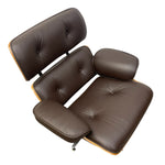 Load image into Gallery viewer, A mid-century modern lounge chair with dark brown tufted leather upholstery and light wood trim, isolated on a white background.
