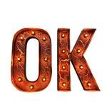 Load image into Gallery viewer, Marquee-style letters 'O' and 'K' in a cracked orange-red metallic finish with small warm light bulbs, shown on a plain white background.
