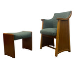 Load image into Gallery viewer, Chair and ottoman set with green cushions and wooden frames on a white background

