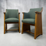 Load image into Gallery viewer, Two wooden chairs with green fabric seats against a gray background
