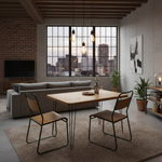 Load image into Gallery viewer, Modern living room with a dining table and chairs, large window, and cityscape view.
