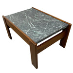 Load image into Gallery viewer, A mid-century modern low coffee table featuring a dark gray and green marble top with white veining, supported by a warm brown wooden frame.
