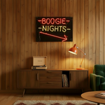 Load image into Gallery viewer, Neon sign reading 'Boogie Nights' above a wooden entertainment console with a record player in a room with wooden walls.

