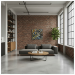 Load image into Gallery viewer, Modern living room with gray sofa, wooden coffee table, and brick wall.

