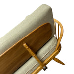 Load image into Gallery viewer, Wooden bed with beige mattress on a white background
