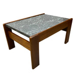 Load image into Gallery viewer, A mid-century modern wooden side table with a dark gray marble top and a warm brown wood frame, shown on a plain white background.
