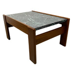 Load image into Gallery viewer, A mid-century modern wooden table featuring a dark green and white veined marble top and a warm brown wood frame, shown against a plain white background.
