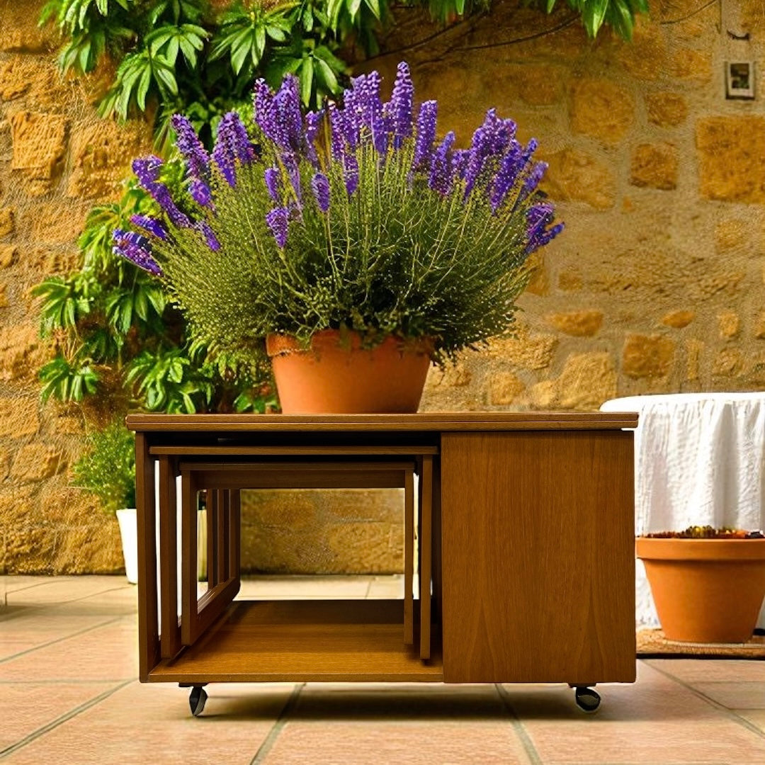 Wooden table with a potted lavender plant against a stone wall.