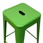 Load image into Gallery viewer, A bright green metal stool with a square seat featuring an oval cutout, supported by slim legs and a matching footrest, shown against a plain white background.
