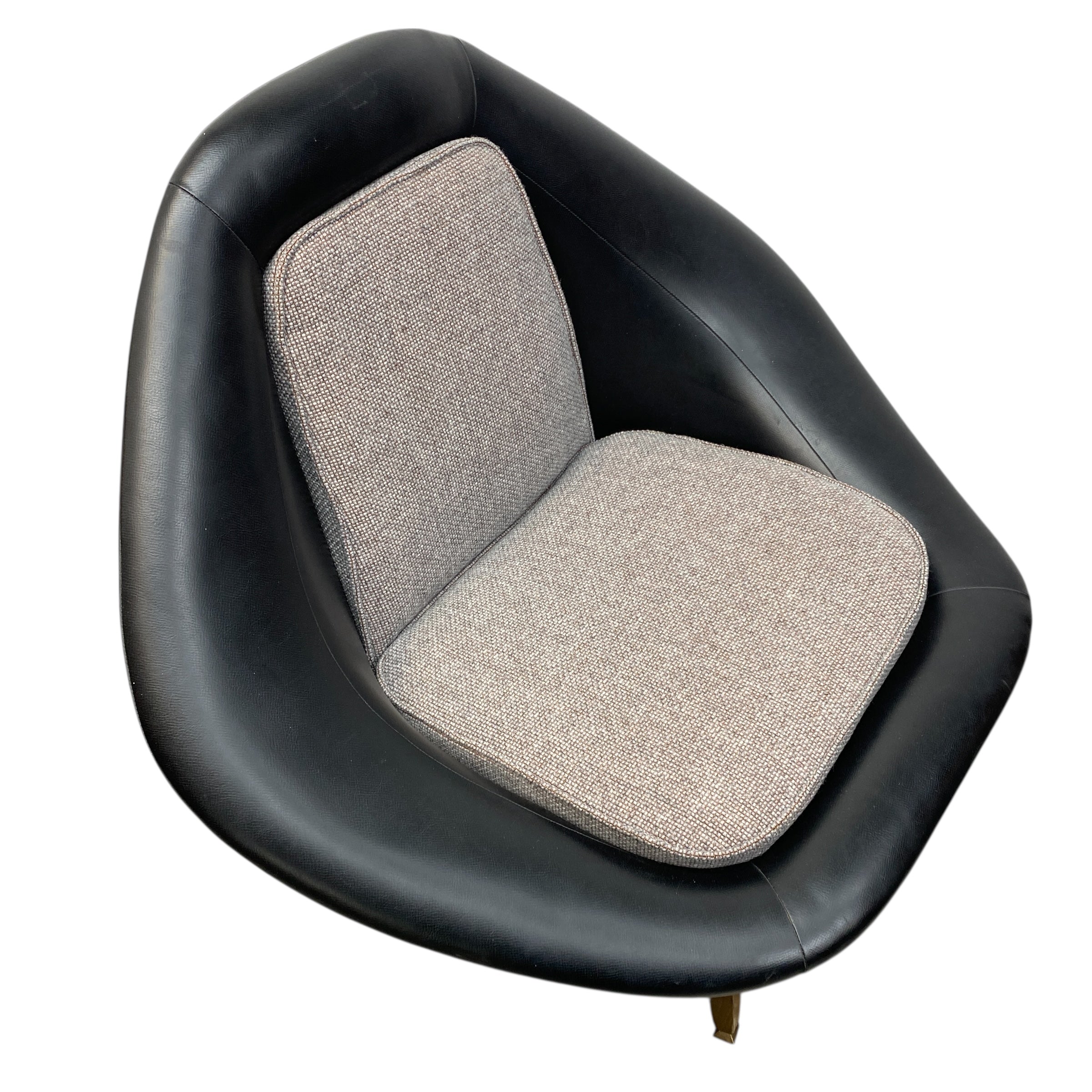 Modern chair with black frame and gray cushion on a white background