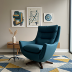 Load image into Gallery viewer, Teal armchair in a modern living room with abstract art on the wall.
