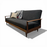 Load image into Gallery viewer, Gray sofa with wooden frame on a white background
