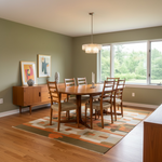 Load image into Gallery viewer, Dining room with wooden table and chairs, sideboard, and abstract art on a green wall.
