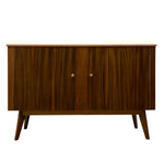 Load image into Gallery viewer, Mid-century modern wooden sideboard cabinet with two doors, vertical wood grain pattern, and tapered legs, shown against a plain white background.
