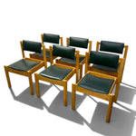 Load image into Gallery viewer, Six wooden dining chairs with dark green upholstered seats and backs, arranged in two rows on a white background with soft shadows.
