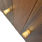 Load image into Gallery viewer, Close-up of a dark brown wooden cabinet or dresser with two round light natural wood knobs, shown against a white background.
