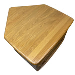 Load image into Gallery viewer, A pentagonal wooden coffee table with a glossy finish, showcasing natural oak wood grain, isolated on a white background.

