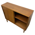 Load image into Gallery viewer, Wooden cabinet with a single door and open shelf on a white background
