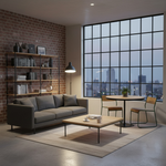 Load image into Gallery viewer, Modern living room with a gray sofa, wooden coffee table, and large window view.
