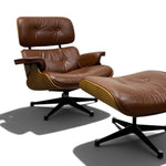 Load image into Gallery viewer, A mid-century modern Eames-style lounge chair with matching ottoman in brown leather, shown on a clean white background with cast shadows.
