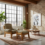 Load image into Gallery viewer, Modern living room with wooden furniture, plants, and a cityscape view.
