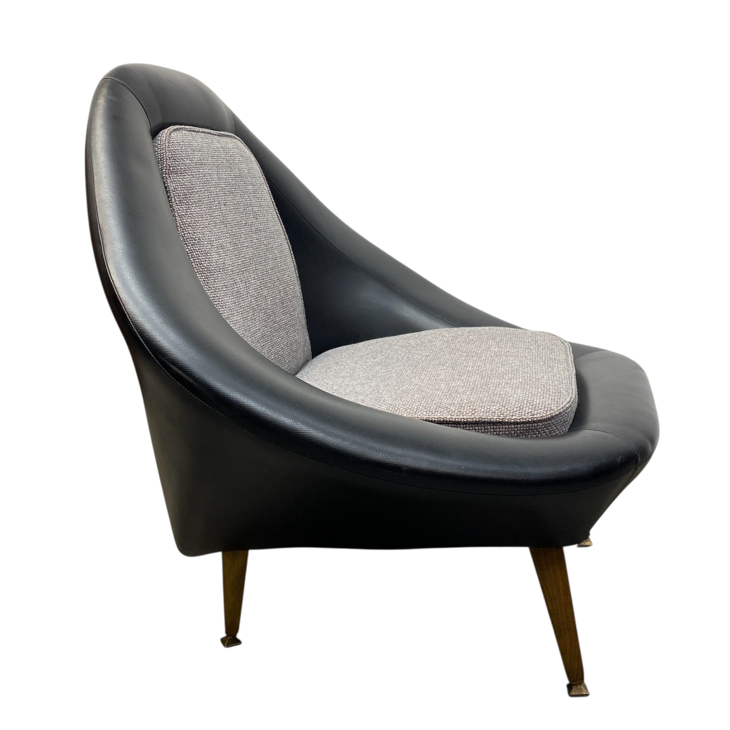 Modern chair with black vinyl and grey fabric on a white background