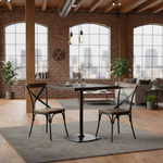 Load image into Gallery viewer, Dining area with a table and chairs in a modern loft with large windows and brick walls.
