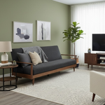 Load image into Gallery viewer, Modern living room with gray sofa, armchair, and TV stand.
