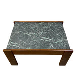 Load image into Gallery viewer, A low rectangular coffee table with a dark green marble-patterned top and medium brown wooden legs and aprons, shown from a top-down angle on a white background.
