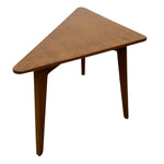 Load image into Gallery viewer, A mid-century modern triangular wooden side table with angled legs, shown on a plain white background.
