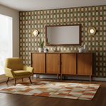 Load image into Gallery viewer, Living room with wooden sideboard, yellow armchair, and patterned rug.
