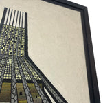 Load image into Gallery viewer, Framed artwork of a stylized cityscape with tall buildings on a textured beige background
