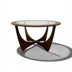 Load image into Gallery viewer, Modern coffee table with glass top and wooden base on a white background
