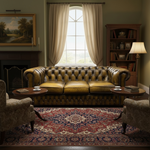 Load image into Gallery viewer, Cozy living room with a brown leather sofa, armchairs, and a fireplace.
