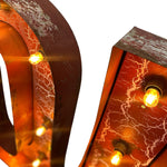 Load image into Gallery viewer, Close-up of a decorative illuminated sign featuring a rusted metal surface with glowing warm light bulbs set into recessed panels, shown against a white background.
