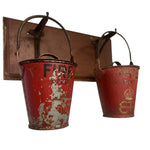 Load image into Gallery viewer, Two vintage red fire buckets with 'FIRE' and 'SAND' text on a white background.
